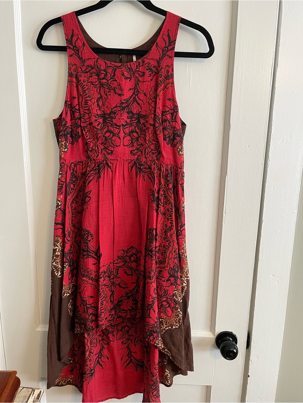 Free People Red Floral Sleeveless Sundress with Brown Paneling